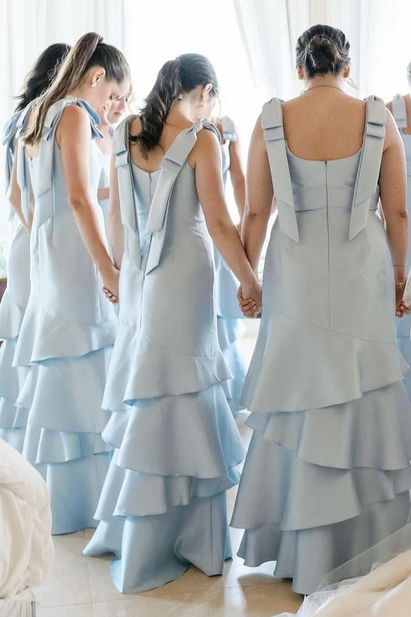Bow Straps Light Blue Ruffle Layered A-line Bridesmaid Dress