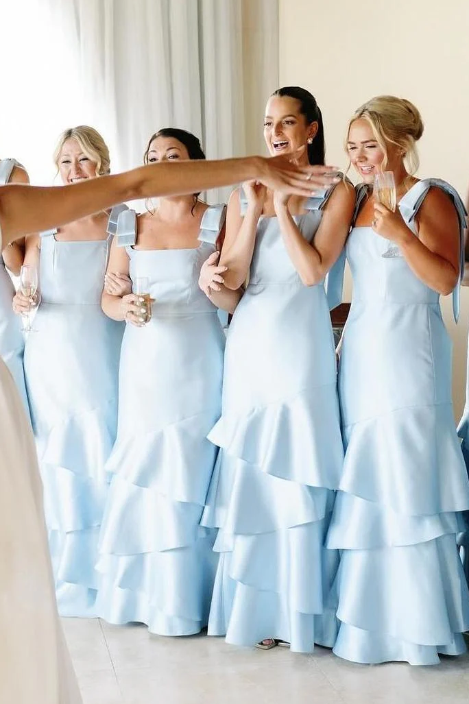 Bow Straps Light Blue Ruffle Layered A-line Bridesmaid Dress
