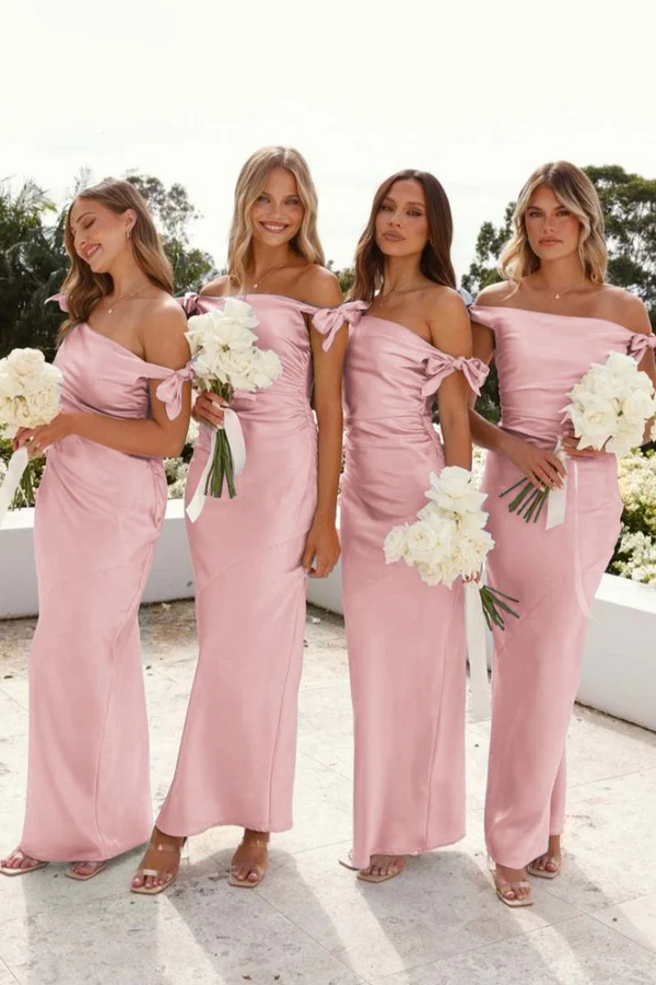 Bow Off Shoulder Sky Blue Sheath Pleated Long Bridesmaid Dress