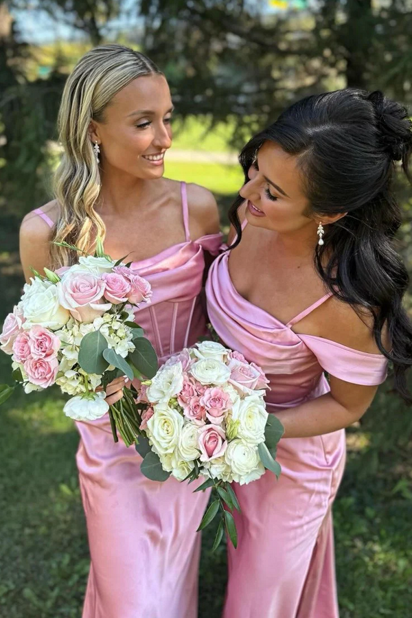Cold Shoulder Pink Satin Pleated Long Bridesmaid Dress with Slit
