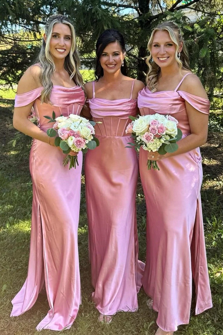Cold Shoulder Pink Satin Pleated Long Bridesmaid Dress with Slit FancyVestido Cold Shoulder Pink Satin Pleated Long Bridesmaid Dress with Slit FancyVestido