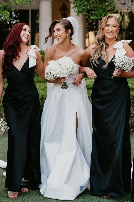 V-Neck Black Pleated Long Bridesmaid Dress with Bow