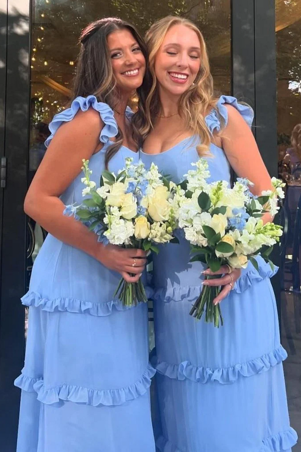 Ruffles Straps Blue Chiffon A-line Chiffon Bridesmaid Dress