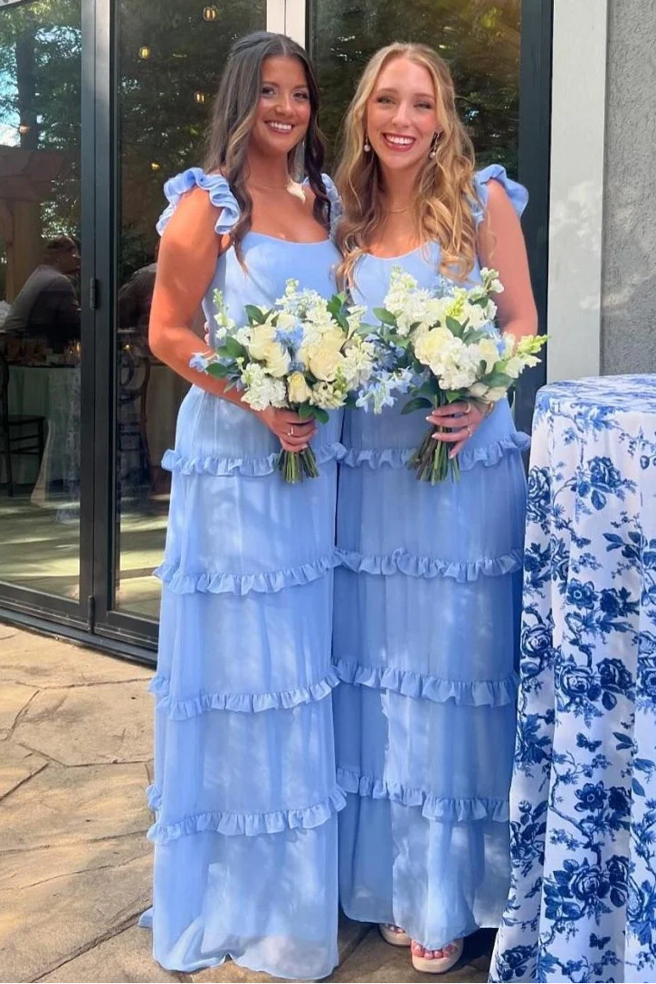Ruffles Straps Blue Chiffon A-line Chiffon Bridesmaid Dress