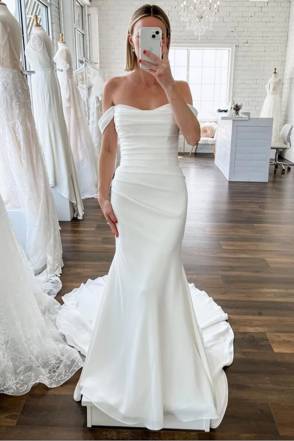 Dreamy Off the Shoulder Pleated Long Mermaid Wedding Dress