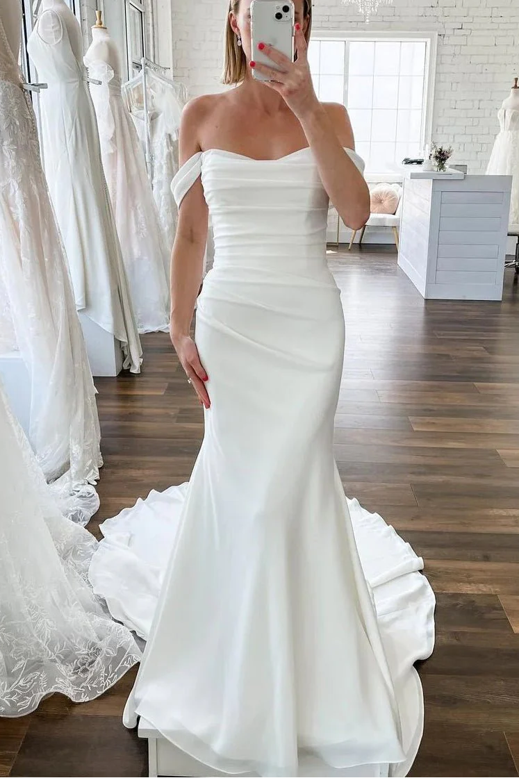 Dreamy Off the Shoulder Pleated Long Mermaid Wedding Dress