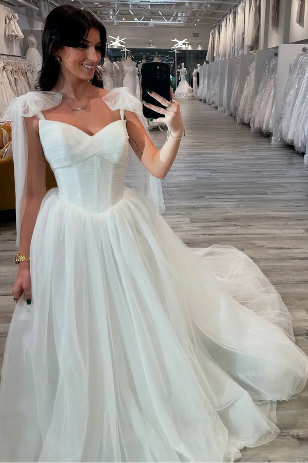 Elegant Bow Tie Straps A-Line Tulle Long Wedding Dress