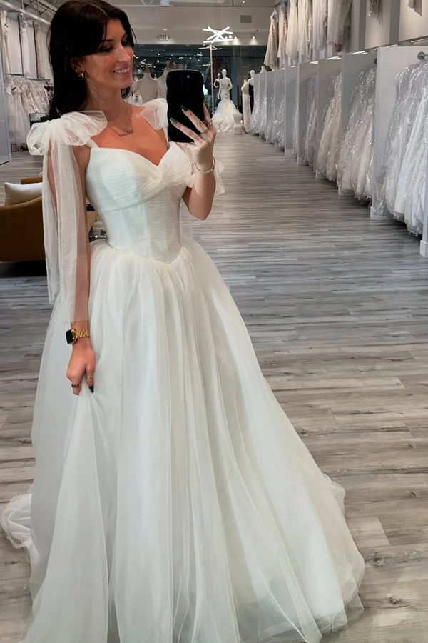 Elegant Bow Tie Straps A-Line Tulle Long Wedding Dress