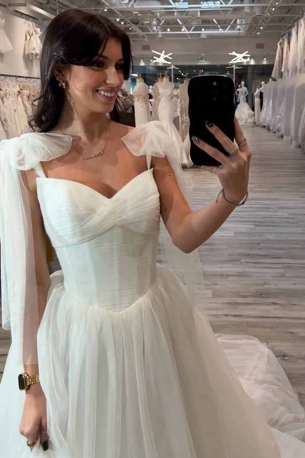 Elegant Bow Tie Straps A-Line Tulle Long Wedding Dress