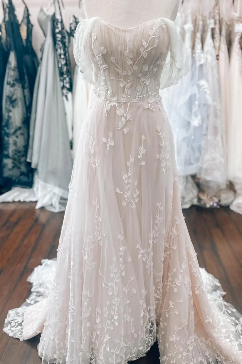 Elegant Off the Shoulder White Lace Applique Wedding Dress