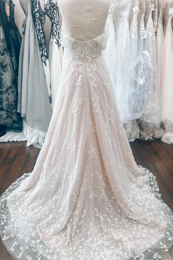 Elegant Off the Shoulder White Lace Applique Wedding Dress