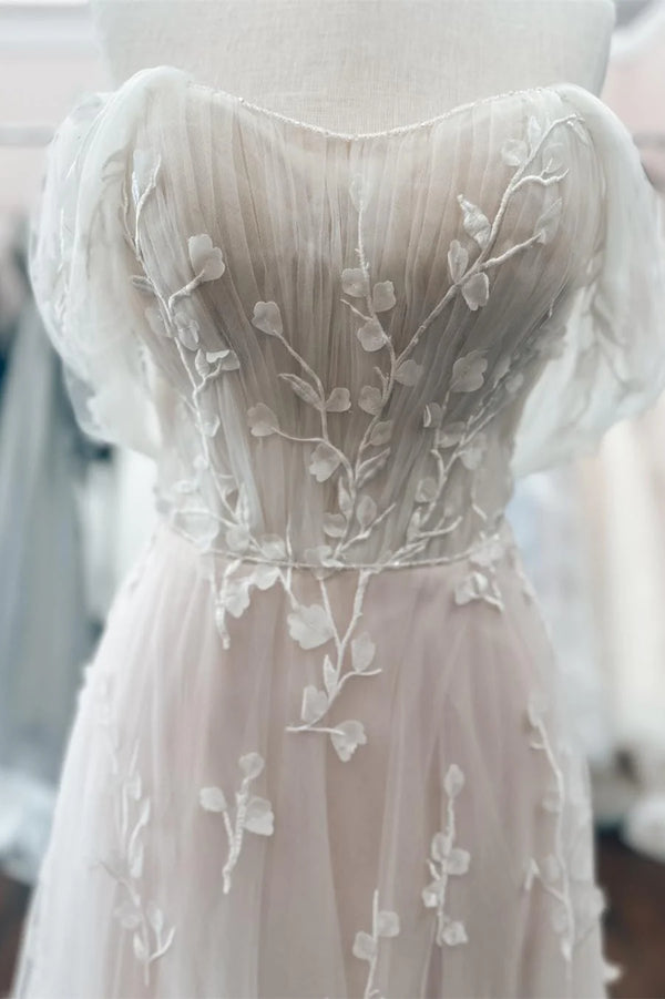 Elegant Off the Shoulder White Lace Applique Wedding Dress