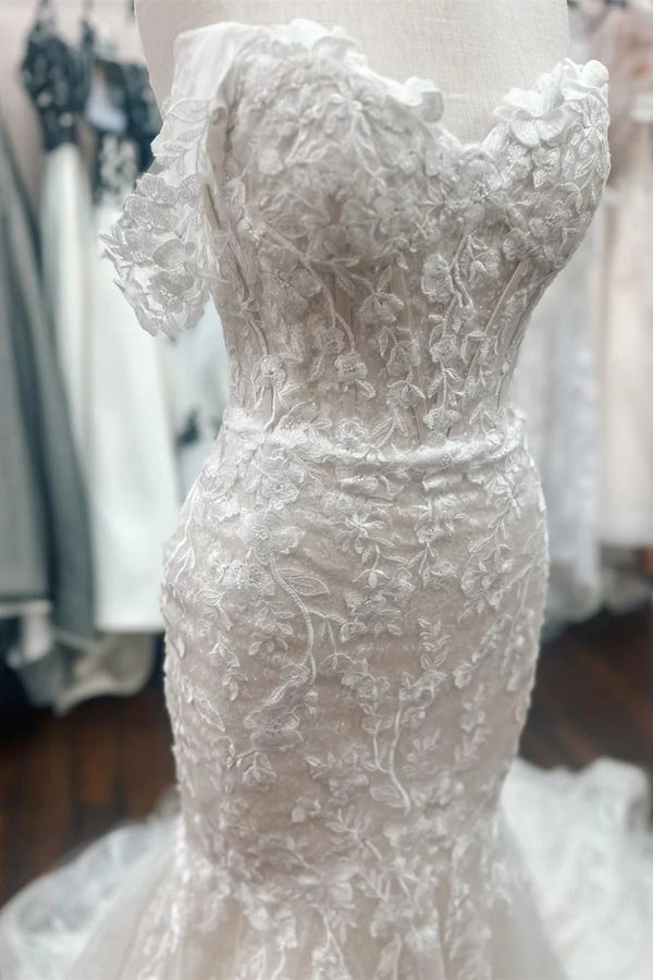 Elegant Off the Shoulder Applique Mermaid Long Wedding Dress