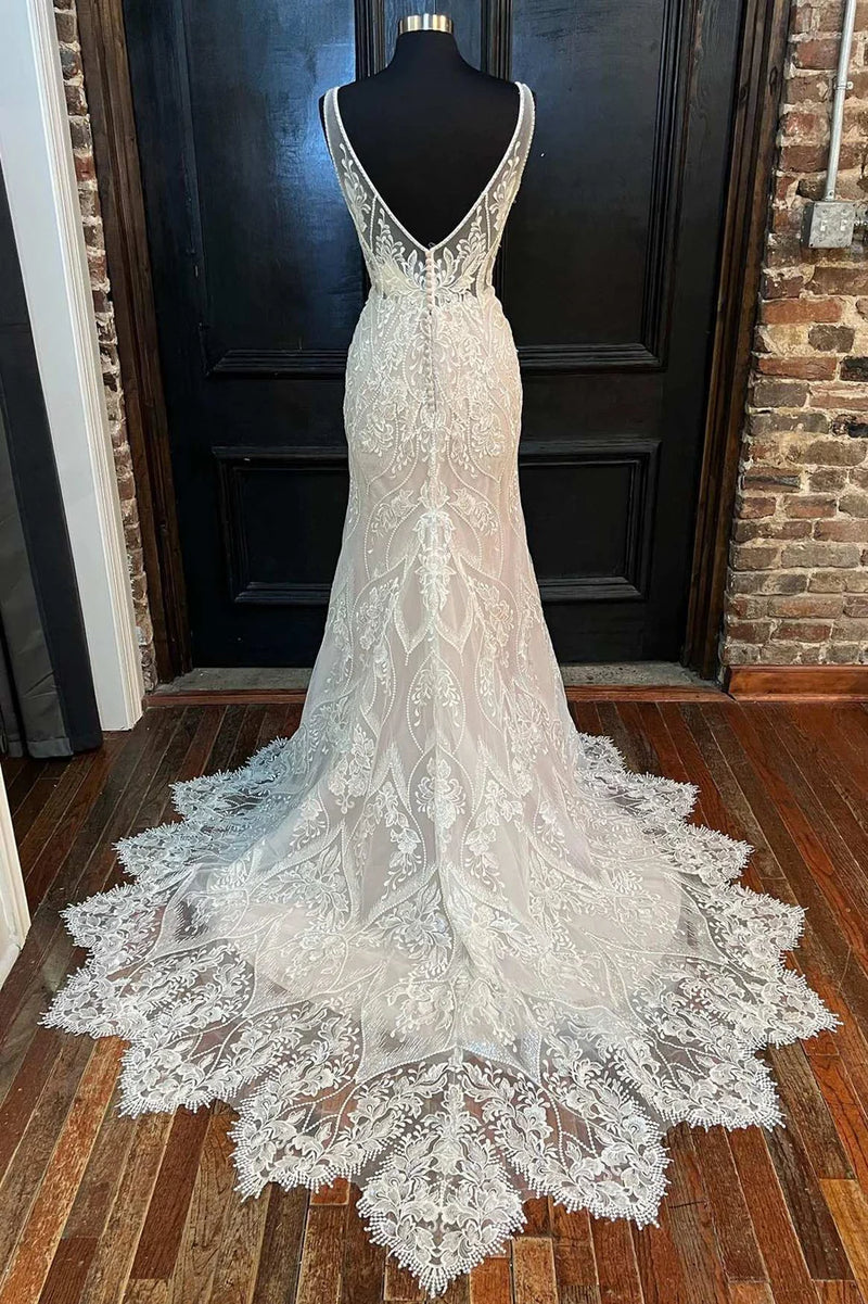 Classy V-Neck Lace Mermaid Long Wedding Dress with Backless