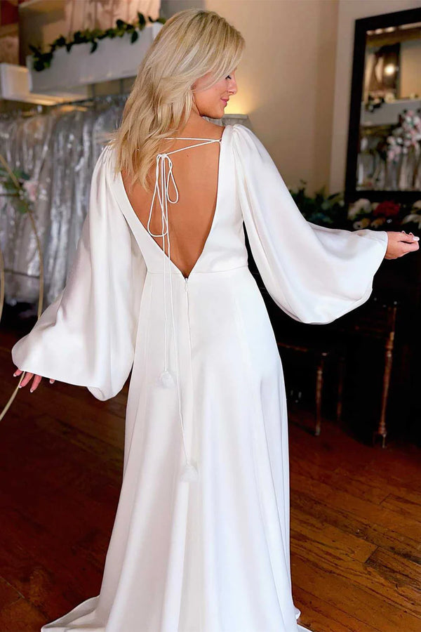 White V-Neck Backless Slit Long Wedding Dress with Long Sleeves