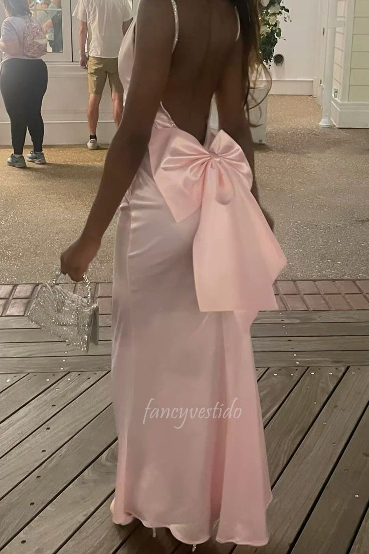 prom dress bow back Pink Spaghetti Straps Mermaid Prom Dress with Bow Back – FancyVestido