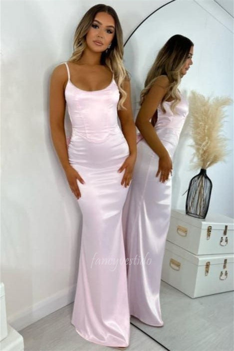 Pink Spaghetti Straps Mermaid Prom Dress with Bow Back