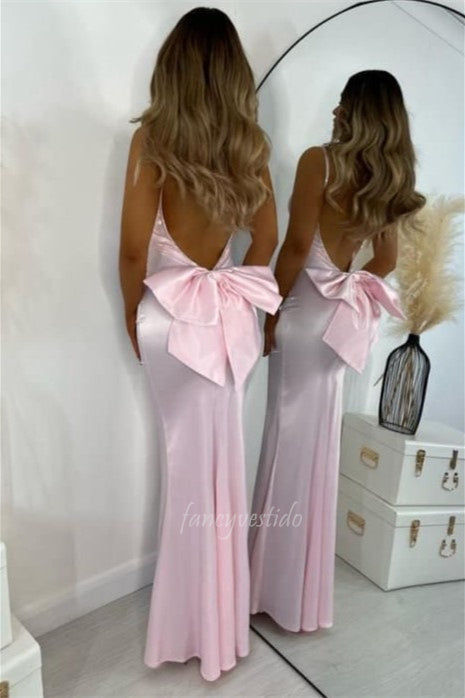 Pink Spaghetti Straps Mermaid Prom Dress with Bow Back