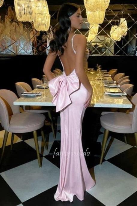 Pink Spaghetti Straps Mermaid Prom Dress with Bow Back