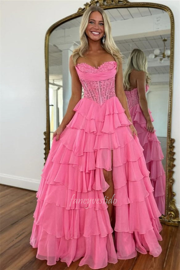 Sweetheart Applique Boned Ruffle Chiffon Long Prom Dress