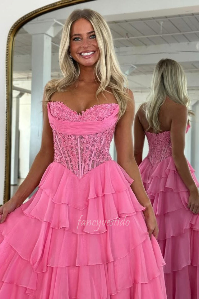 Sweetheart Applique Boned Ruffle Chiffon Long Prom Dress