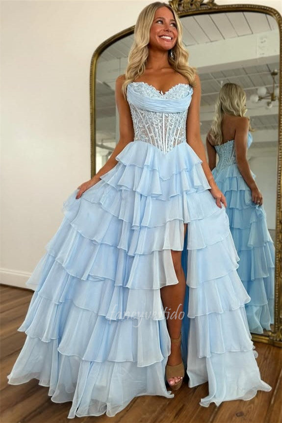 Sweetheart Applique Boned Ruffle Chiffon Long Prom Dress