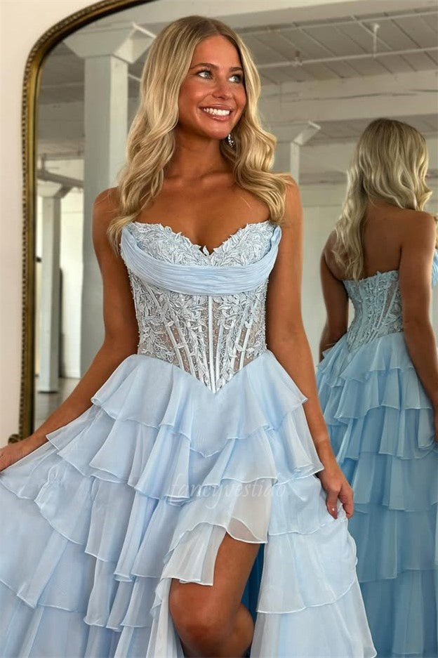 Sweetheart Applique Boned Ruffle Chiffon Long Prom Dress