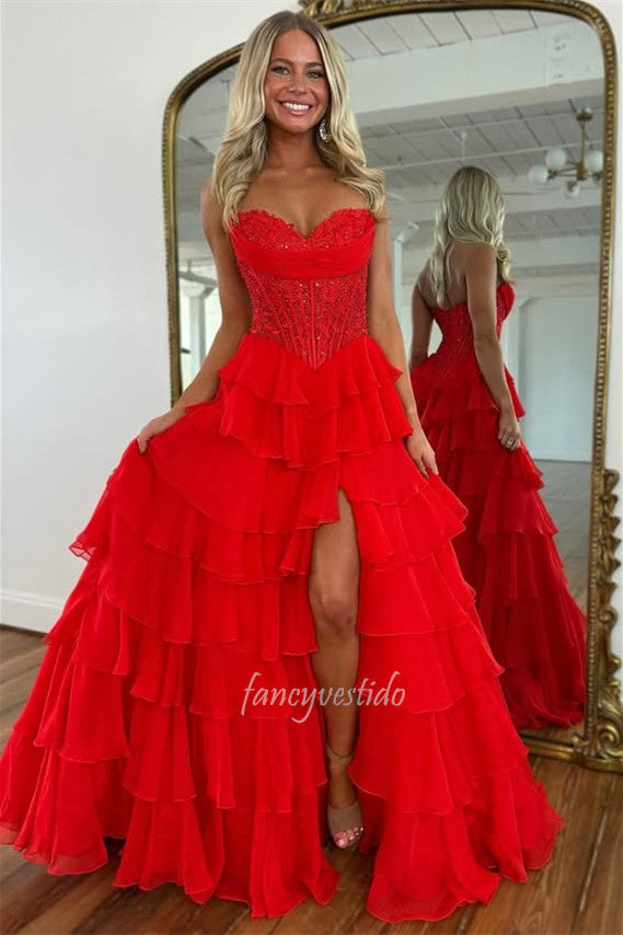 Sweetheart Applique Boned Ruffle Chiffon Long Prom Dress