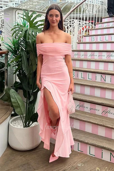 Off the Shoulder Pink Sheath Prom Dress with Ruffle Hem