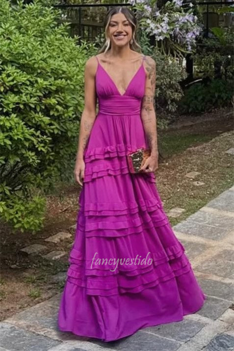 Straps V-Neck Empire Waist Ruffled Layered A-Line Prom Dress FancyVestido Straps V-Neck Empire Waist Ruffled Layered A-Line Prom Dress FancyVestido