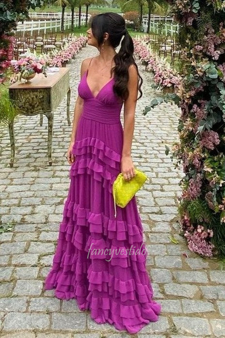 Straps V-Neck Empire Waist Ruffled Layered A-Line Prom Dress