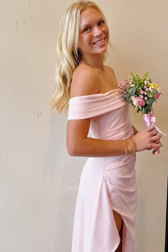 Pink Off-Shoulder Ruffled Party Prom Dress with High Slit FancyVestido Pink Off-Shoulder Ruffled Party Prom Dress with High Slit FancyVestido