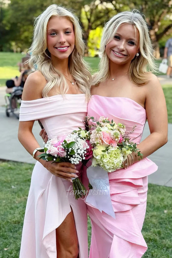 Pink Off-Shoulder Ruffled Party Prom Dress with High Slit