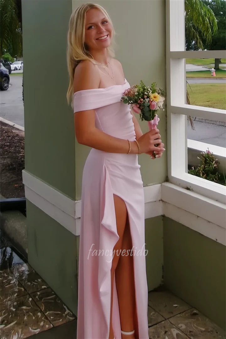 Pink Off-Shoulder Ruffled Party Prom Dress with High Slit