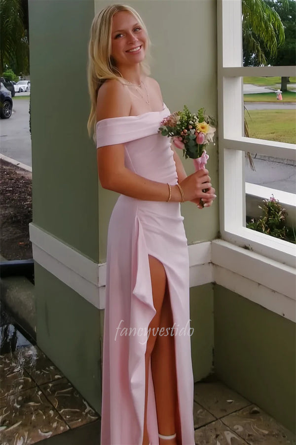 Pink Off-Shoulder Ruffled Party Prom Dress with High Slit