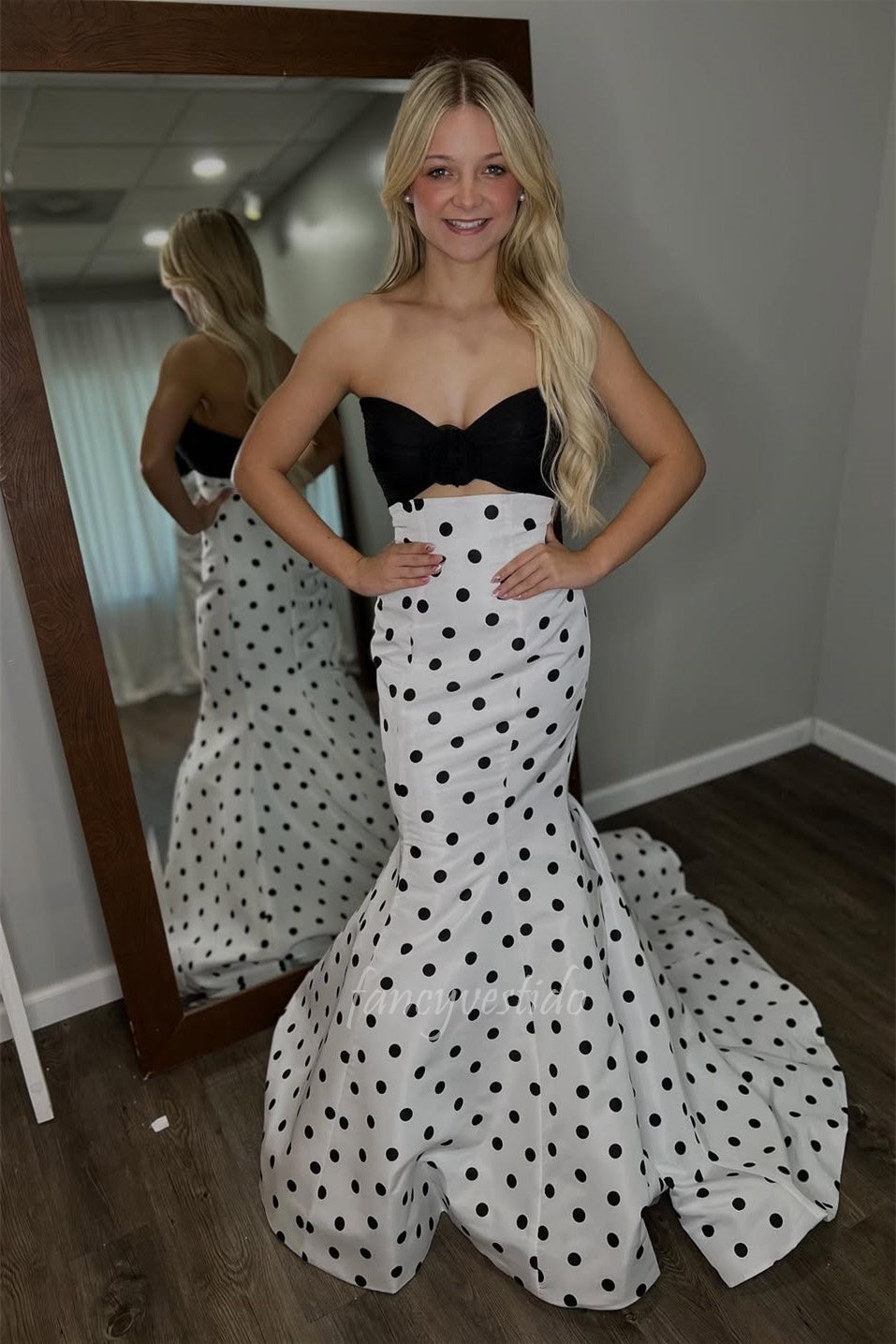 Elegant Strapless Polka Dot Mermaid Long Prom Dress