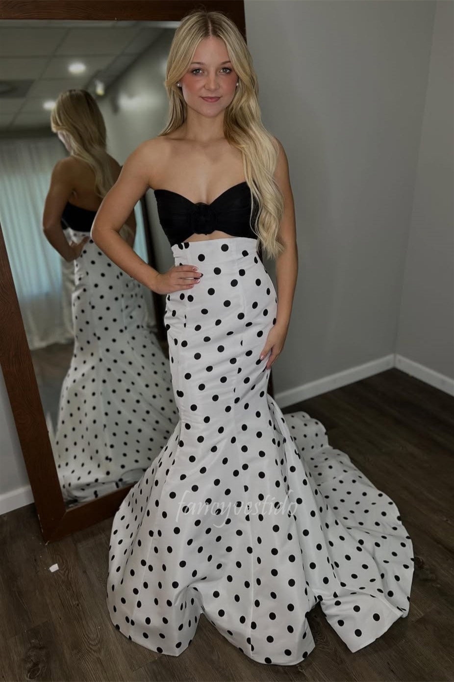 Elegant Strapless Polka Dot Mermaid Long Prom Dress FancyVestido Elegant Strapless Polka Dot Mermaid Long Prom Dress FancyVestido