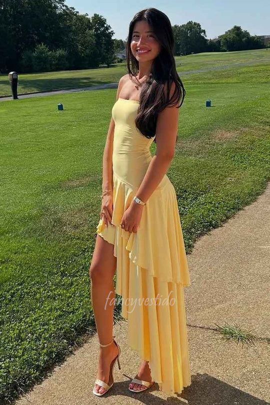 Strapless Yellow Slit Prom Maxi Dress with Ruffle