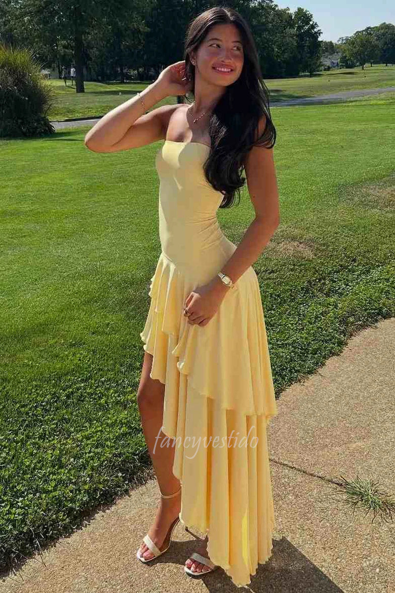 Strapless Yellow Slit Prom Maxi Dress with Ruffle FancyVestido Strapless Yellow Slit Prom Maxi Dress with Ruffle FancyVestido