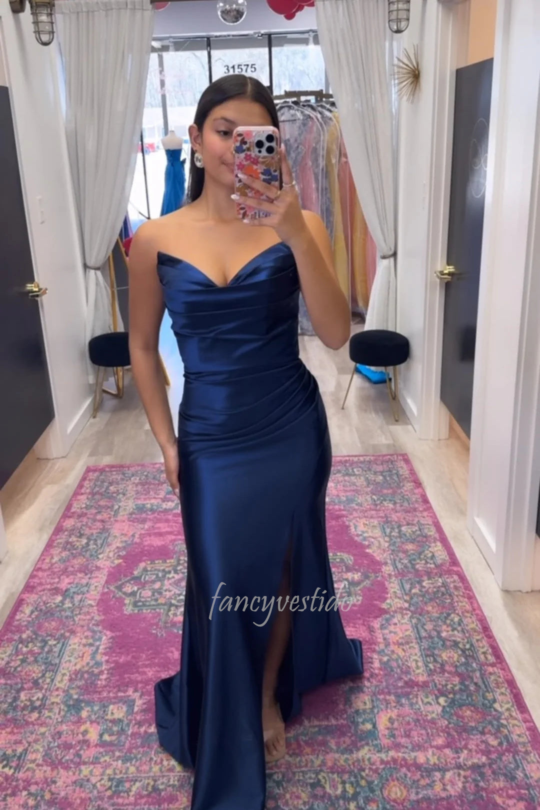 Strapless Ruched Satin Fitted Mermaid Prom Dress with Slit 