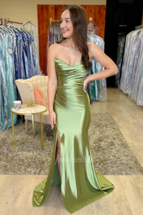 Strapless Ruched Satin Fitted Mermaid Prom Dress with Slit