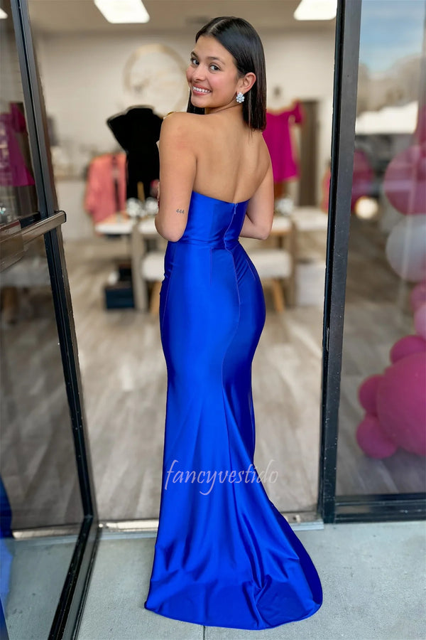 Strapless Ruched Satin Fitted Mermaid Prom Dress with Slit