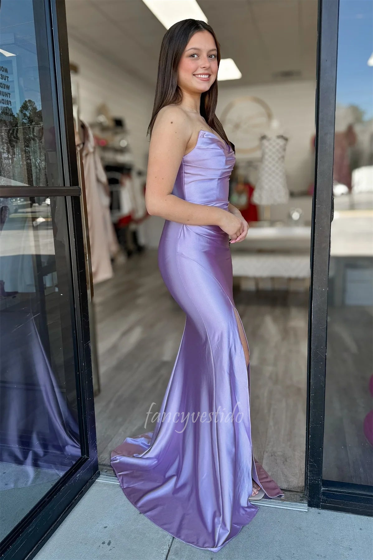 Strapless Ruched Satin Fitted Mermaid Prom Dress with Slit FancyVestido Strapless Ruched Satin Fitted Mermaid Prom Dress with Slit FancyVestido