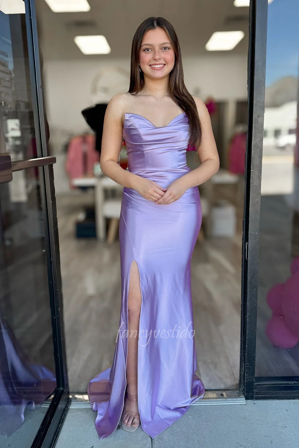 Strapless Ruched Satin Fitted Mermaid Prom Dress with Slit 