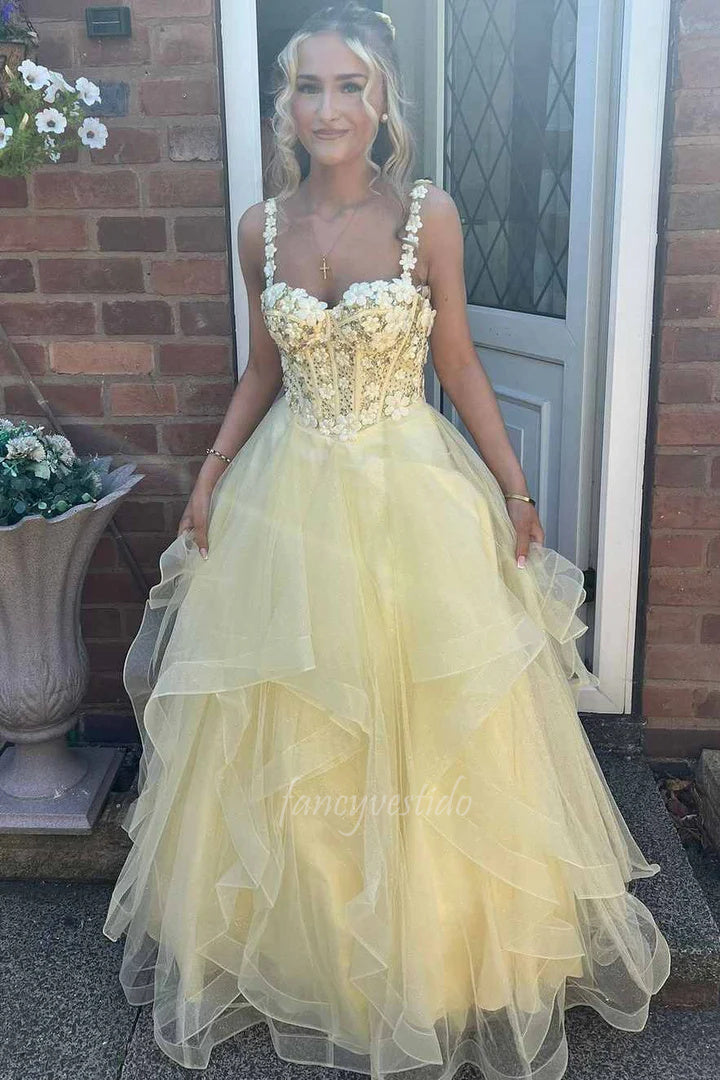 Straps Yellow 3D Floral Corset Ruffle A-Line Prom Dress