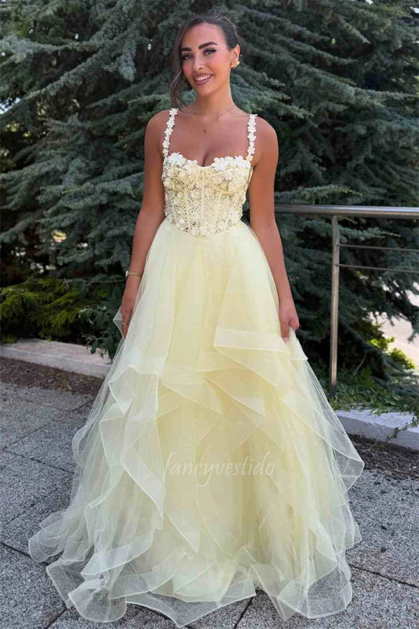 Straps Yellow 3D Floral Corset Ruffle A-Line Prom Dress