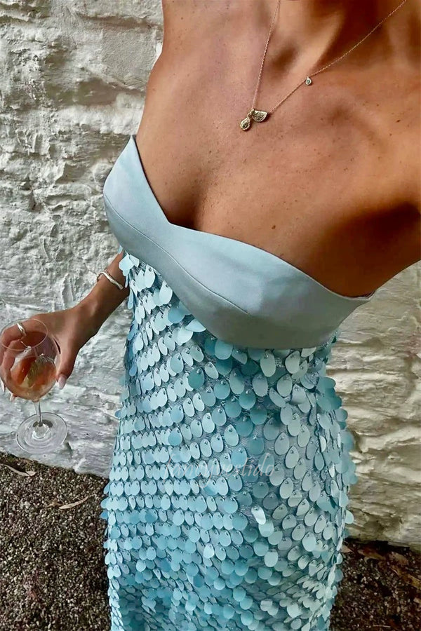 Chic Sweetheart Blue Sequin Maxi Prom Dress