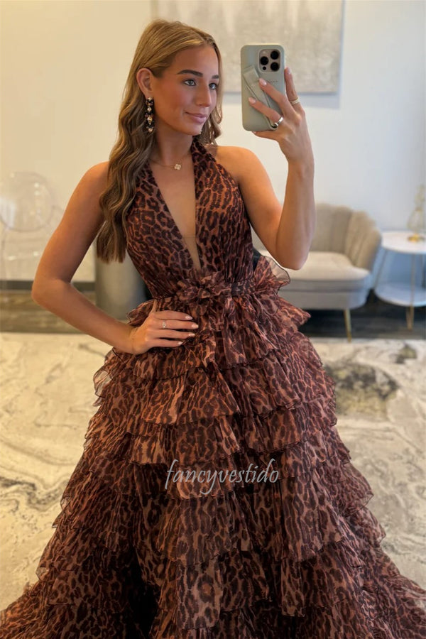 Halter V-Neck Leopard Paint Ruffle A-Line Prom Dress