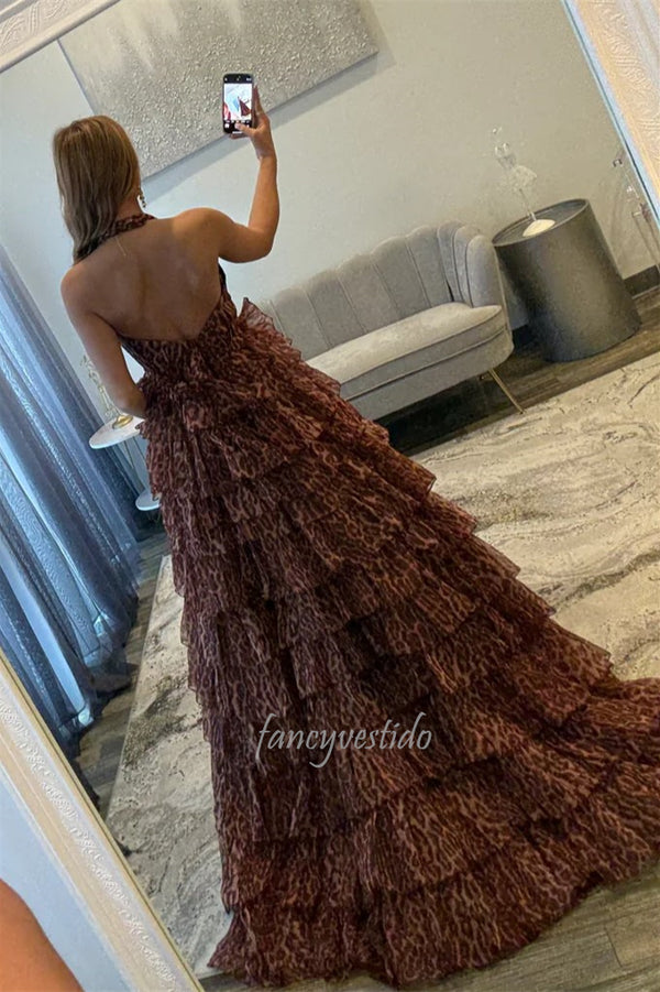 Halter V-Neck Leopard Paint Ruffle A-Line Prom Dress