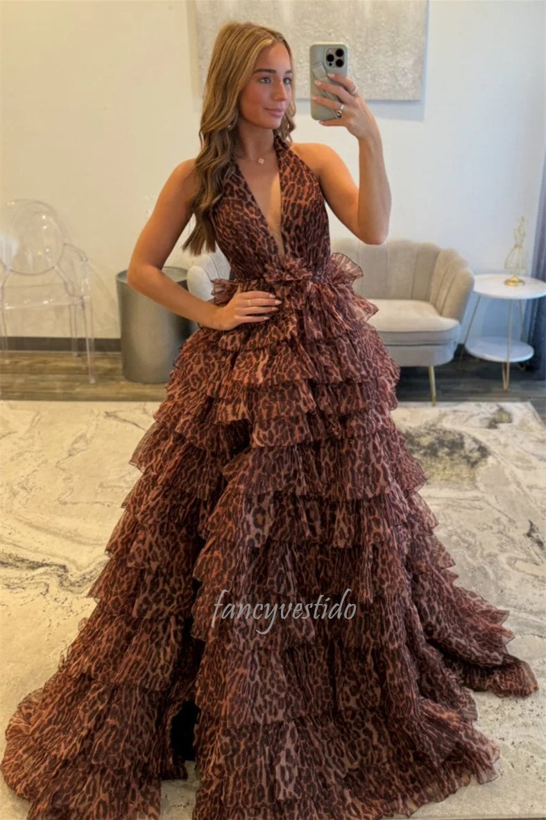 Halter V-Neck Leopard Paint Ruffle A-Line Prom Dress